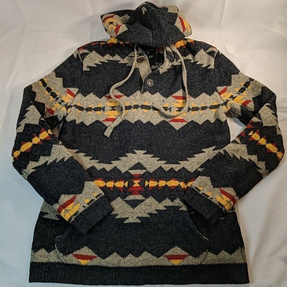 American Eagle Heavy knit Hooded Sweater Hoodie XS Men's Women's Grey Aztec - Picture 1 of 14